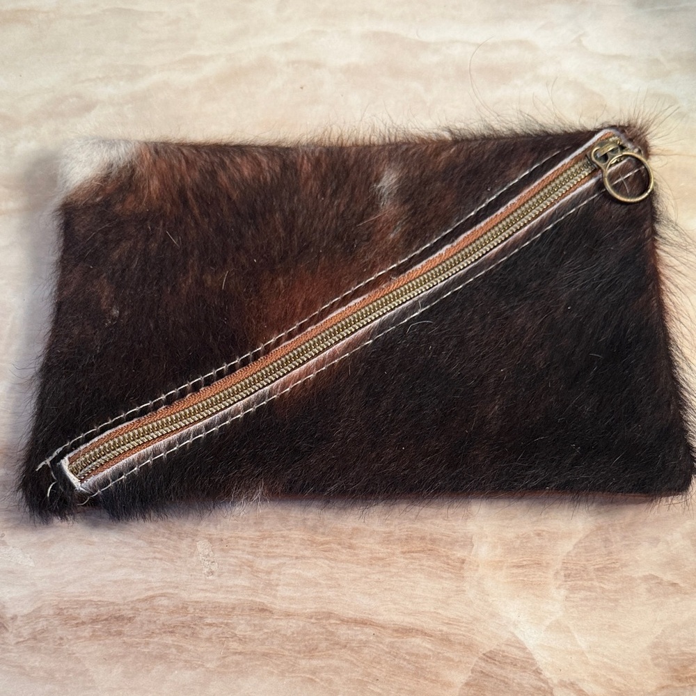 Cow Fur and Leather Brown Clutch with Zipper